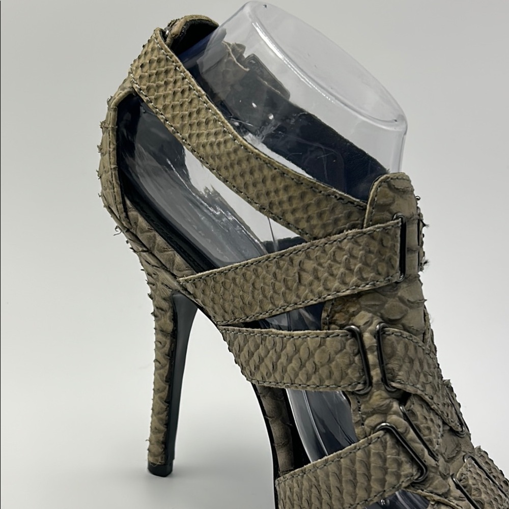 Zara Tan High Stiletto Heel Strappy Sandals 39 Beige Snakeskin Buckle Open Toe - Picture 14 of 16